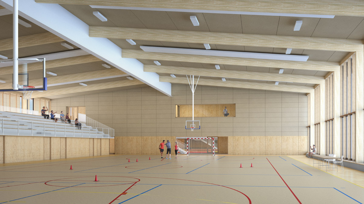 perspective intérieure salle de sport gymnase avec public